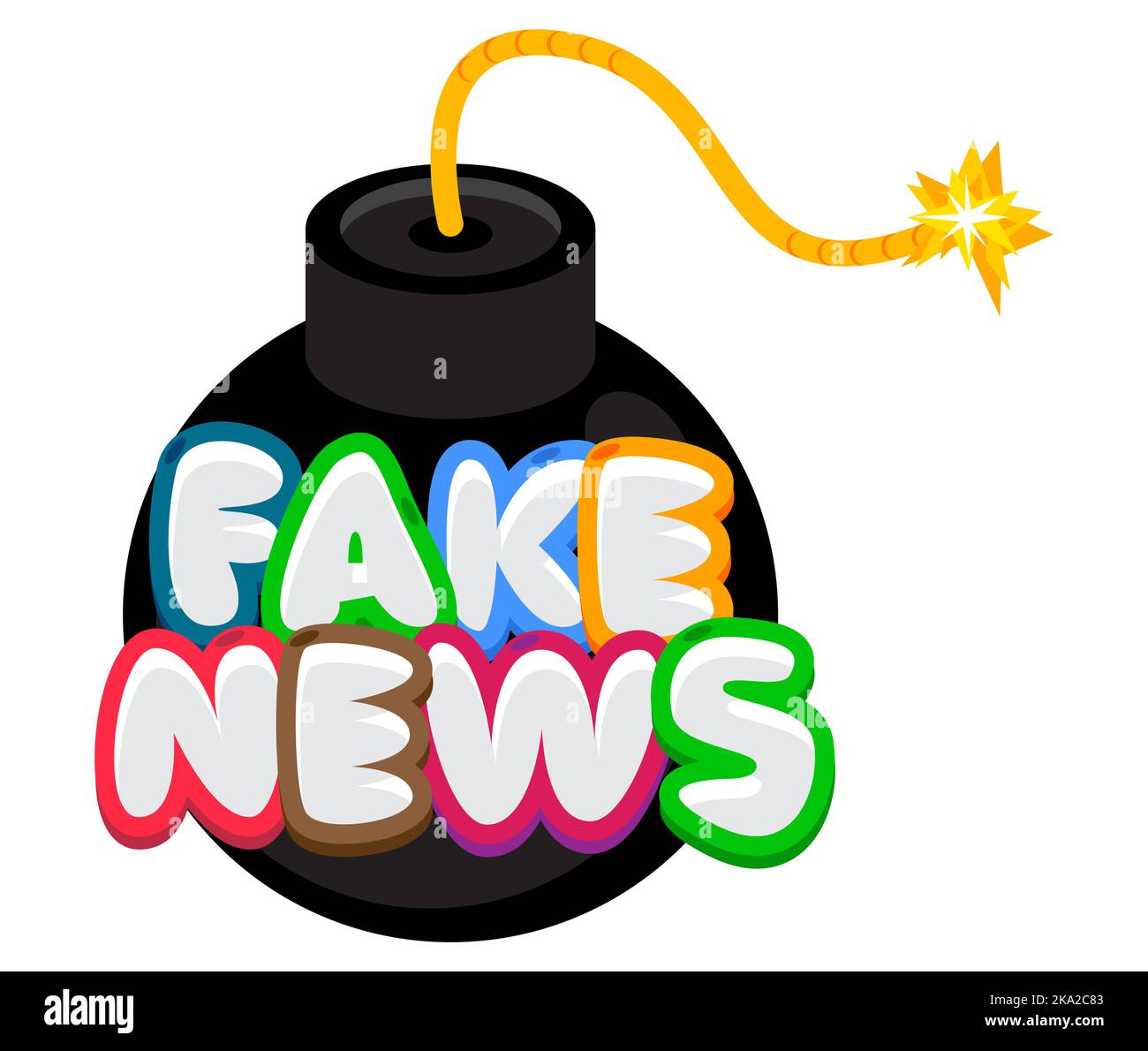 Fake News text with black Bomb. Cartoon Vector Illutration. Stock Vector