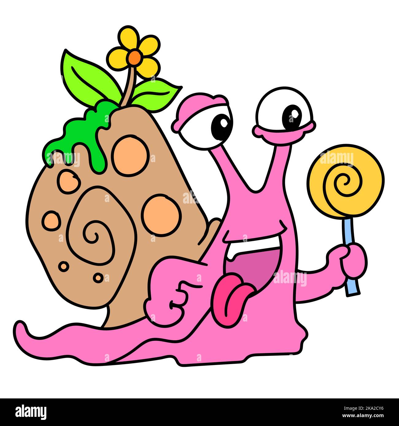 A cute pink cartoon snail eating a yellow popsicle Stock Vector Image