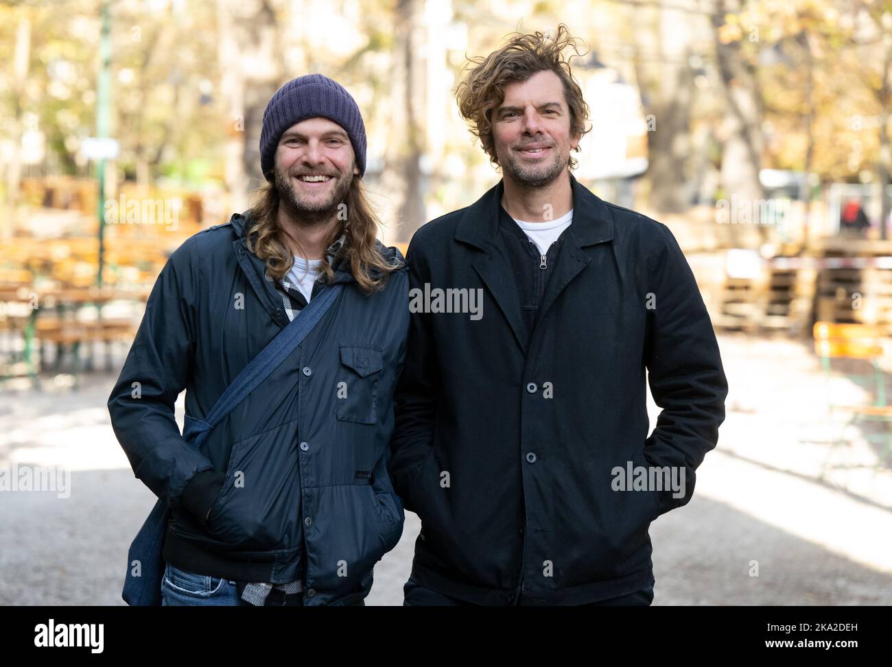 Munich, Germany. 31st Oct, 2022. Peter Brugger (l), singer and guitarist, and Rüdiger 'Rüde' Linhof, bassist, of the band Sportfreunde Stiller recorded during an interview. The band will release its eighth album, 'Jeder nur ein X,' on Nov. 11, 2022. Credit: Sven Hoppe/dpa/Alamy Live News Stock Photo