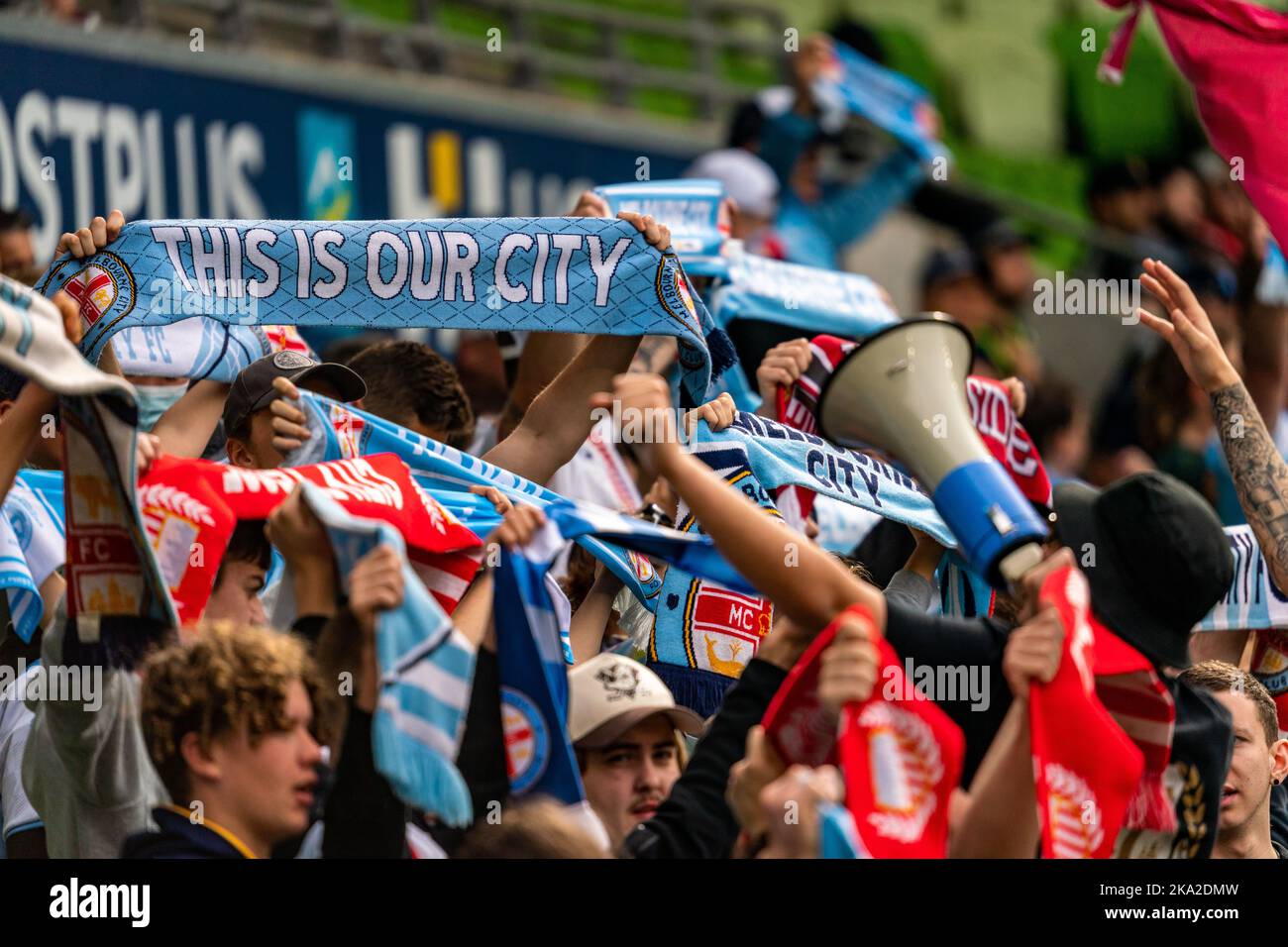 Melbourne, Australia. 30,October, 2022. The Melbourne City Terrace showing their support before the start of the Round 4 Melbourne City vs. Wellington Phoenix game at AAMI Park Credit: James Forrester/Alamy Live News. Stock Photo