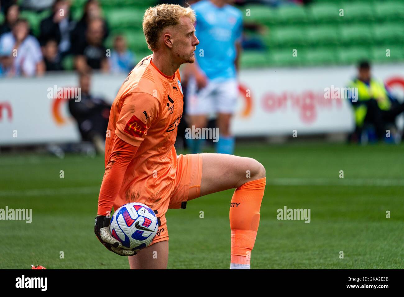 Melbourne, Australia. 30,October, 2022. Melbourne City Goalkeeper Thomas Glover #1 recovers after performing a save during Round 4 Melbourne City vs. Wellington Phoenix game at AAMI Park Credit: James Forrester/Alamy Live News. Stock Photo