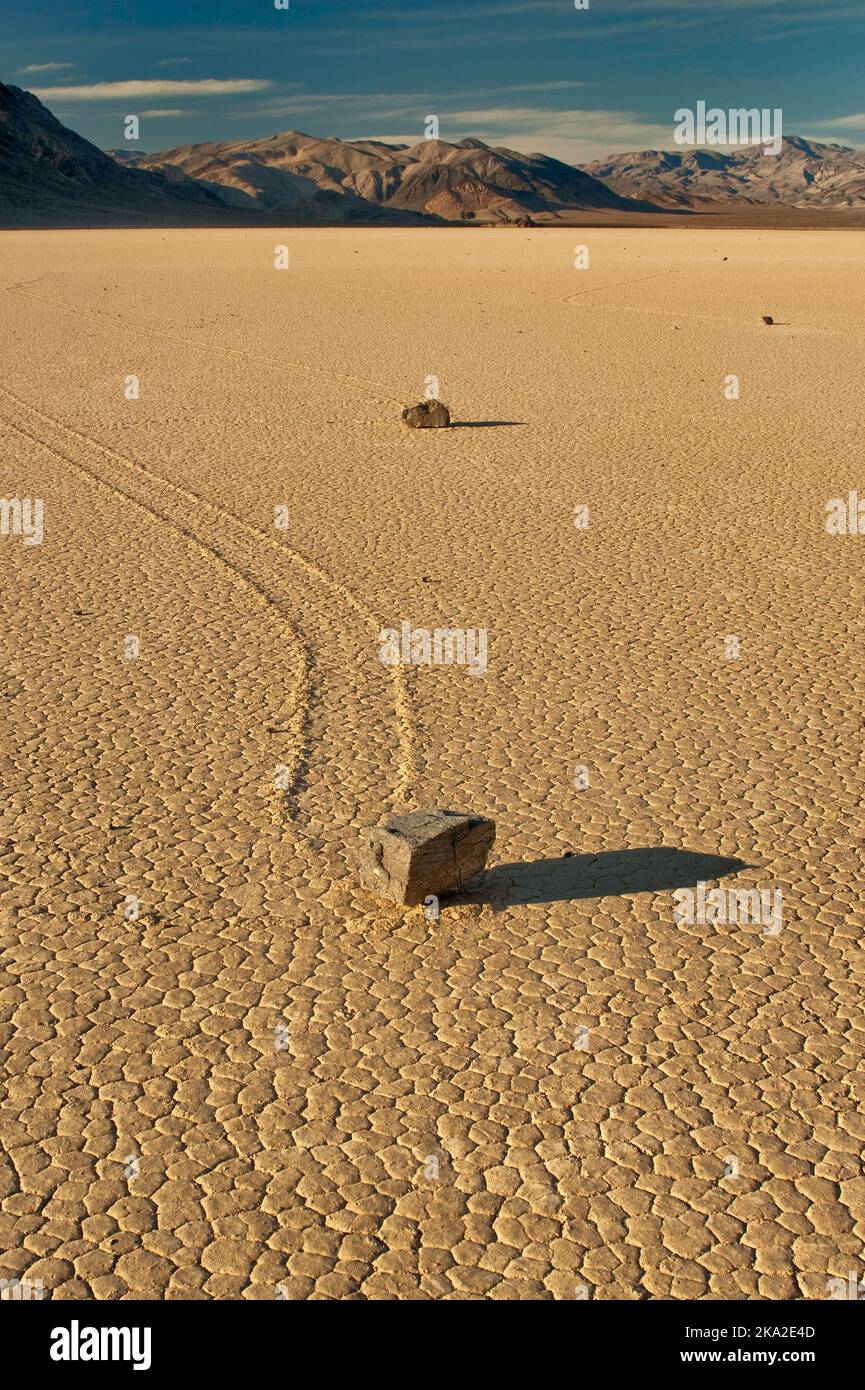 Moving rocks at The Racetrack dry lake, Mojave Desert in Death Valley National Park, California, USA Stock Photo