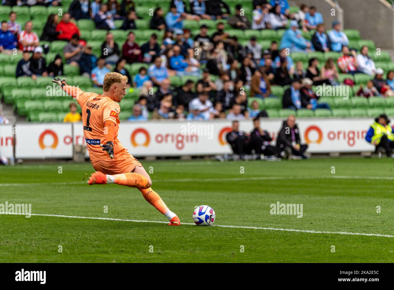 Melbourne, Australia. 30,October, 2022. Melbourne City Goalkeeper Thomas Glover #1 performs a goal kick during Round 4 Melbourne City vs. Wellington Phoenix game at AAMI Park Credit: James Forrester/Alamy Live News. Stock Photo