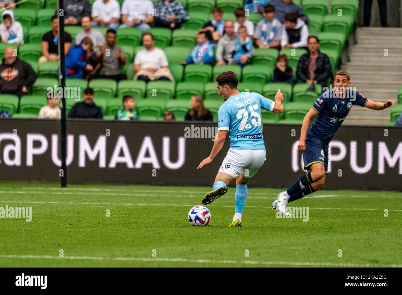 Melbourne, Australia. 30,October, 2022. Melbourne City’s Callum Talbot #25 plays a through-ball to Jamie Maclaren #9 during Round 4 Melbourne City vs. Wellington Phoenix game at AAMI Park Credit: James Forrester/Alamy Live News. Stock Photo