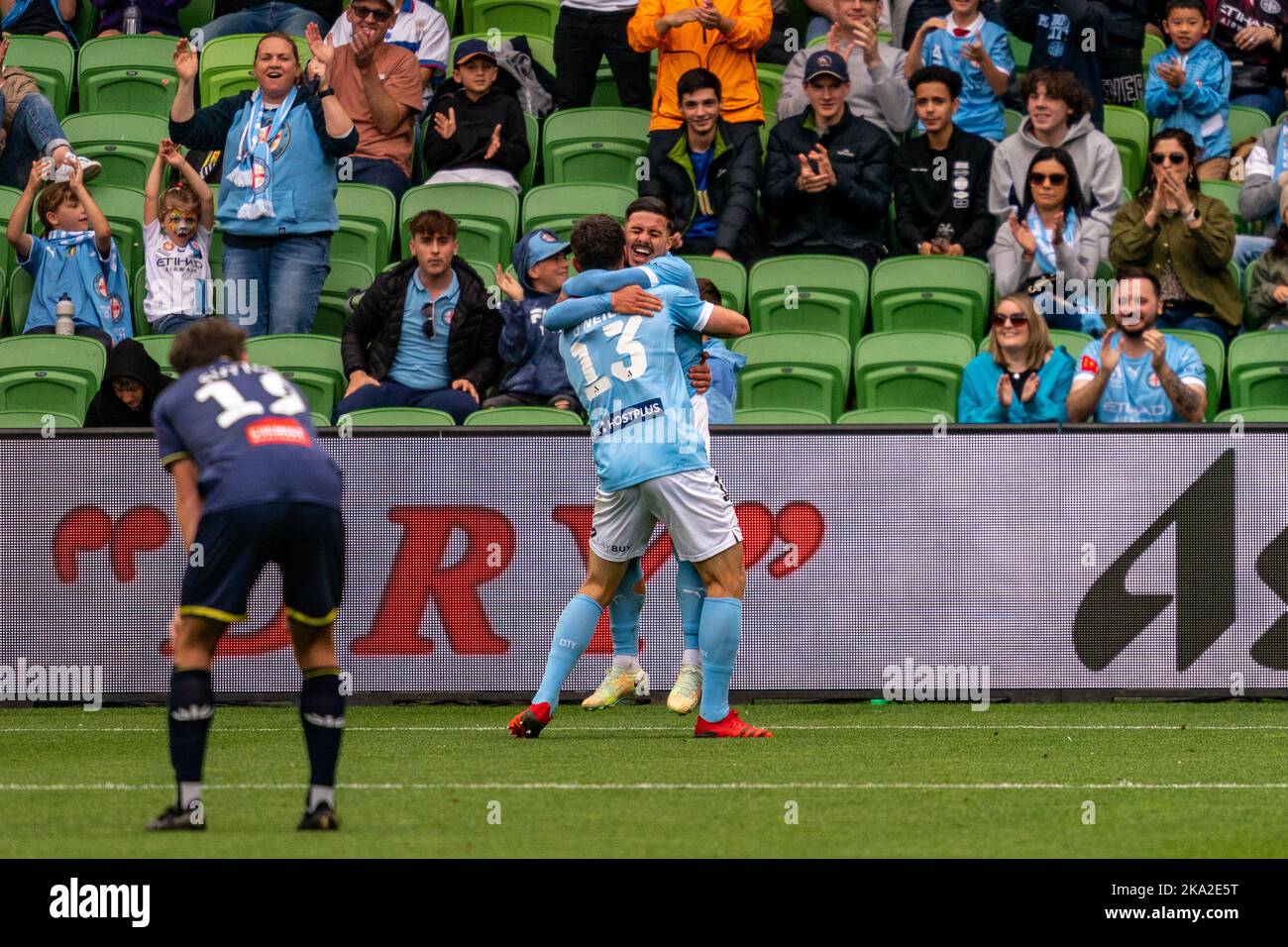 Melbourne, Australia. 30,October, 2022. Marco Tilio #23 celebrates with Aiden O'Neill #13 after scoring the second goal for Melbourne City during Round 4 Melbourne City vs. Wellington Phoenix game at AAMI Park Credit: James Forrester/Alamy Live News. Stock Photo