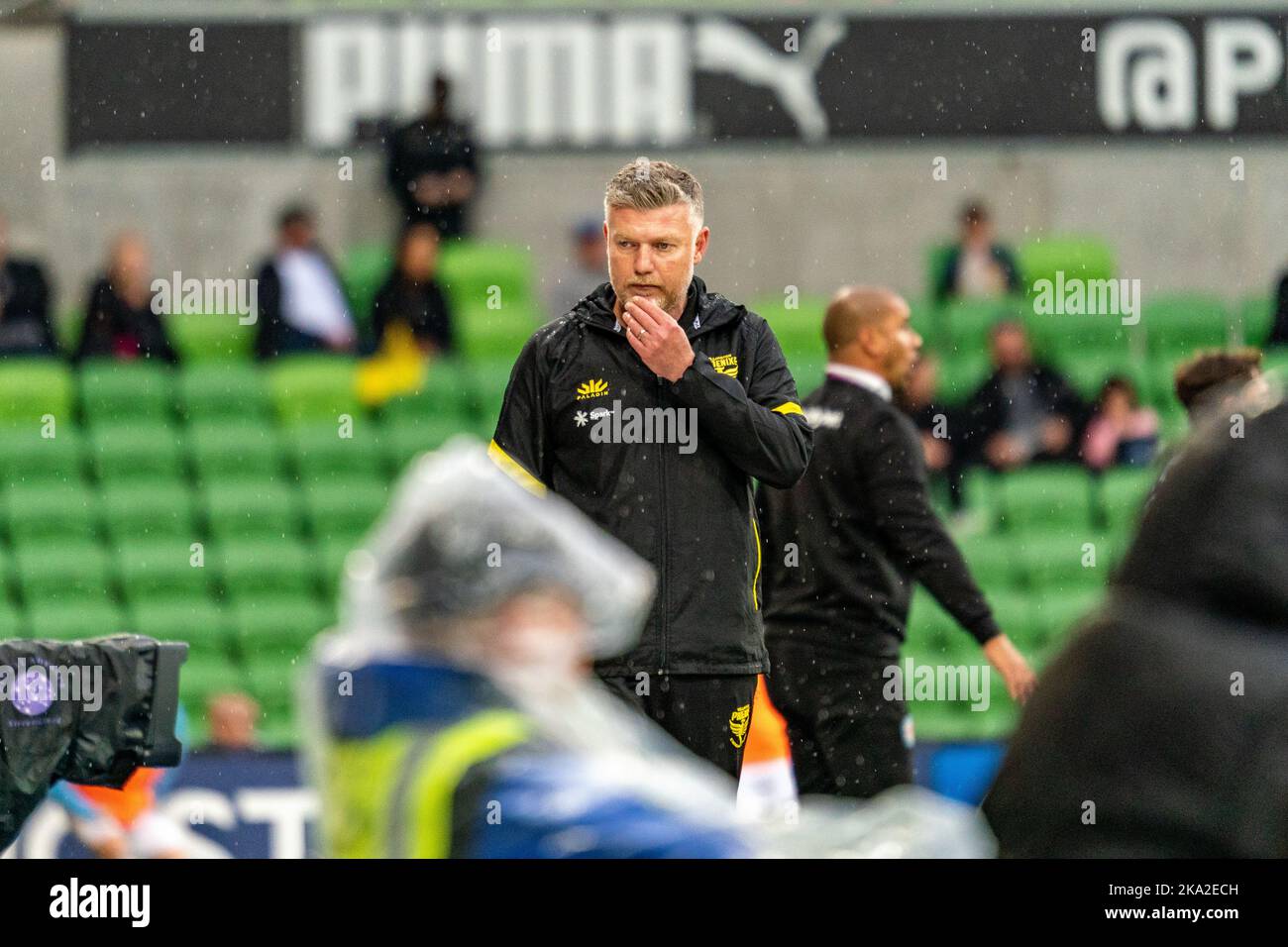Melbourne, Australia. 30,October, 2022. Wellington Phoenix Manager Ufuk Talay paces on the sidelines during Round 4 Melbourne City vs. Wellington Phoenix game at AAMI Park Credit: James Forrester/Alamy Live News. Stock Photo