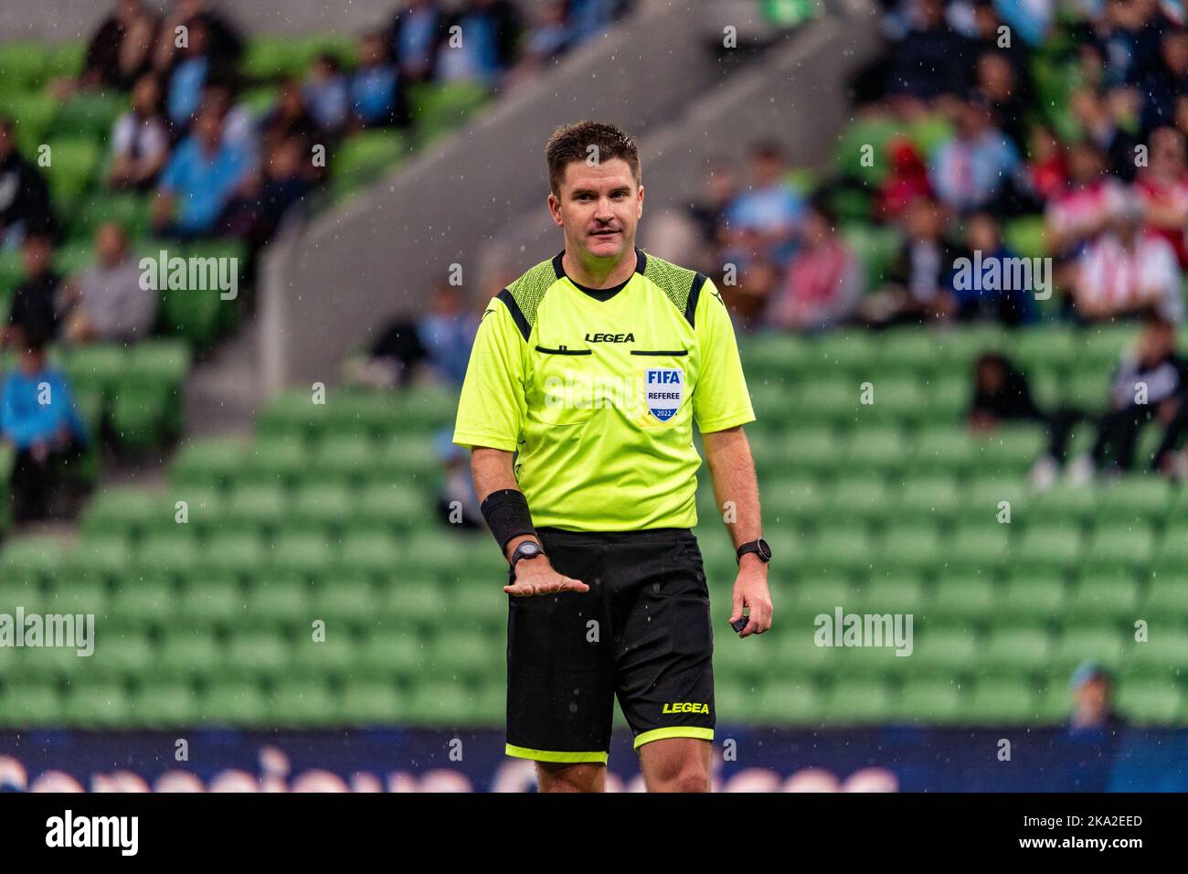 Melbourne, Australia. 30,October, 2022. Match Official Adam Kersey calms down players while he awaits confirmation from the VAR during Round 4 Melbourne City vs. Wellington Phoenix game at AAMI Park Credit: James Forrester/Alamy Live News. Stock Photo