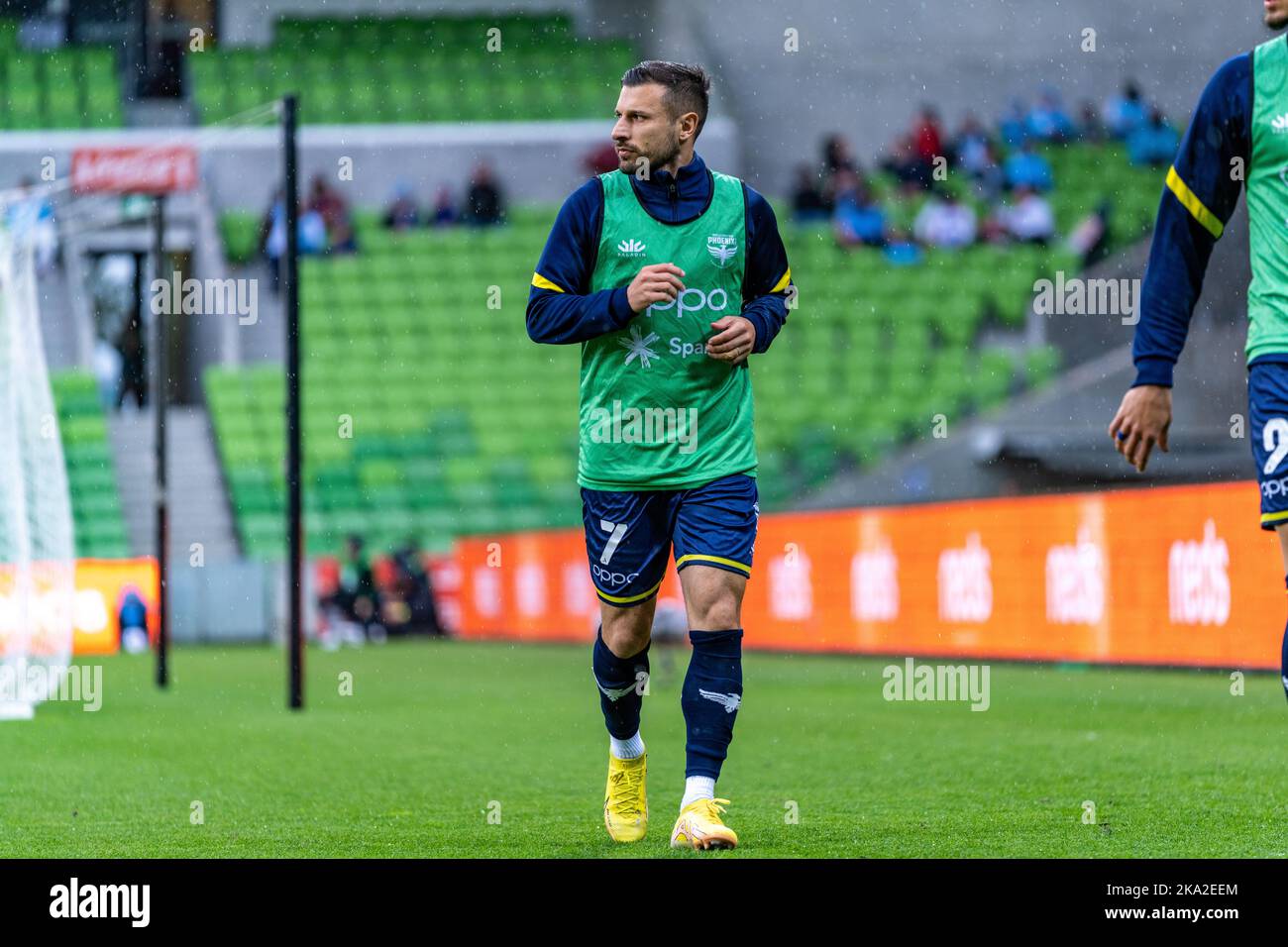 Melbourne, Australia. 30,October, 2022. Wellington substitute Kosta Barbarouses #7 warms up on the sidelines during Round 4 Melbourne City vs. Wellington Phoenix game at AAMI Park Credit: James Forrester/Alamy Live News. Stock Photo