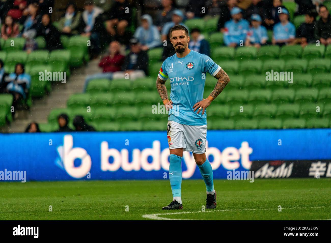 Melbourne, Australia. 30,October, 2022. Melbourne City’s Jamie Maclaren #9 lets his displeasure show after the appeal for a penalty is overruled during Round 4 Melbourne City vs. Wellington Phoenix game at AAMI Park Credit: James Forrester/Alamy Live News. Stock Photo
