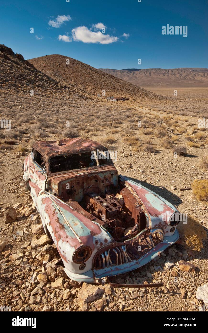 Car wreck at Aquereberry Camp at Eureka Mine, Mojave Desert, Death Valley National Park, California, USA Stock Photo