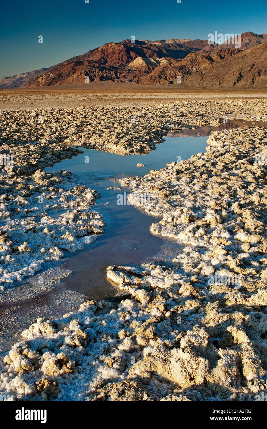 Salt crust and recent rain water at Mojave Desert, sunset, Black Mountains in distance from Mormon Point in Death Valley Natl Park, California, USA Stock Photo