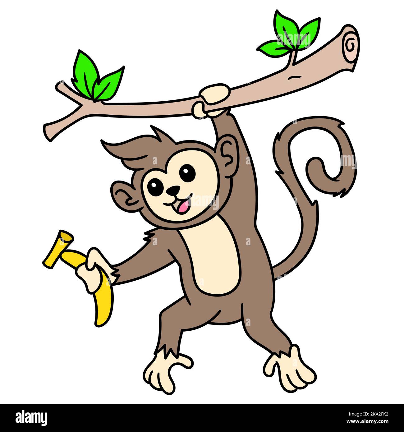 An illustration of a monkey holding a banana hanging from a tree branch