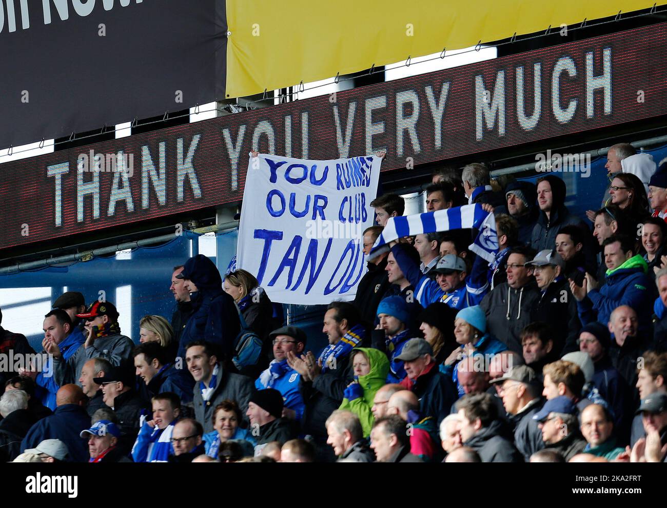 11th May 2014 - Barclays Premier League - Cardiff City v Chelsea - Cardiff City fans hold banners calling for owner Vincent Tan to quit the club - Photo: Paul Roberts/Pathos. Stock Photo