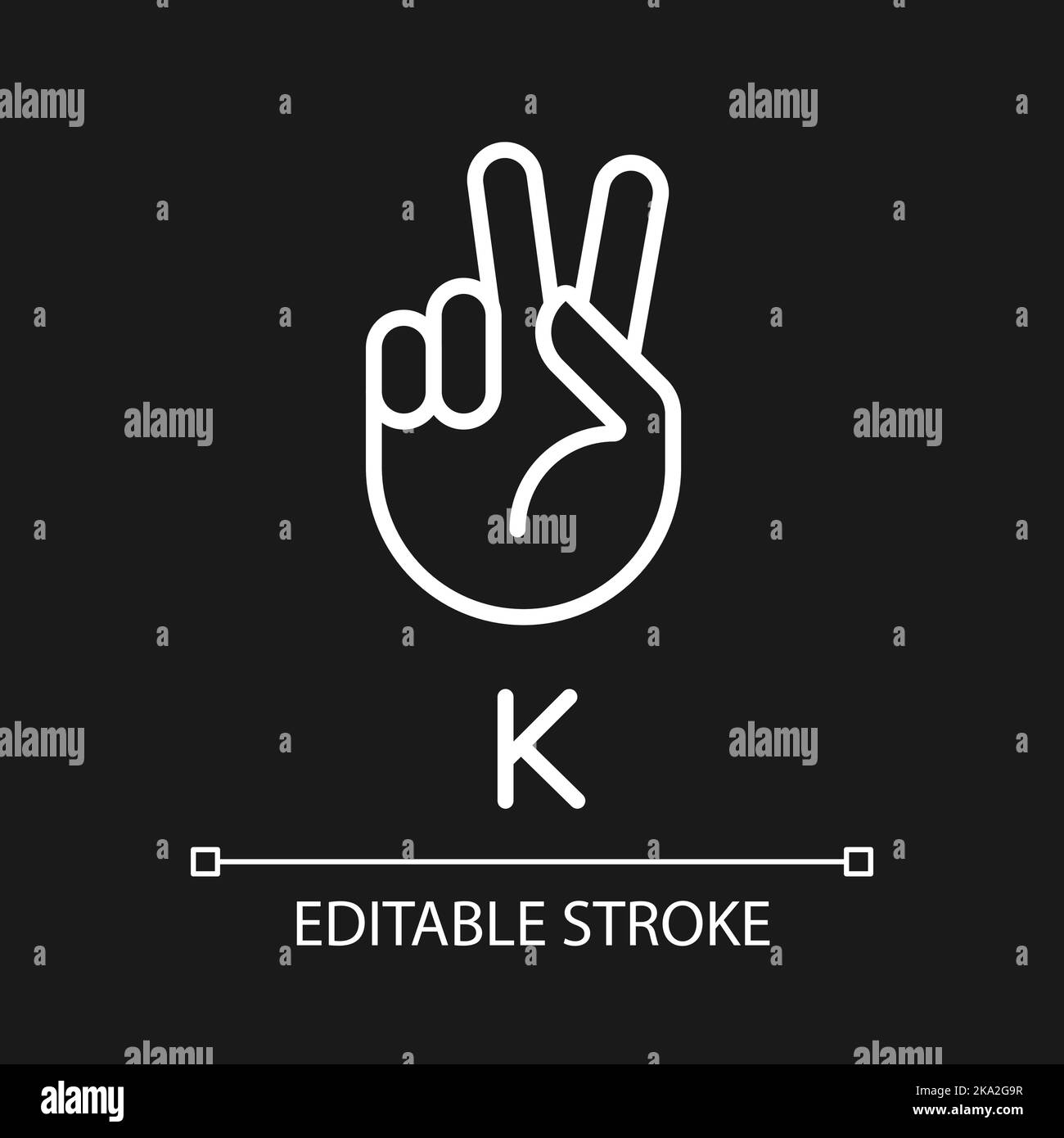 Letter K sign in ASL pixel perfect white linear icon for dark theme