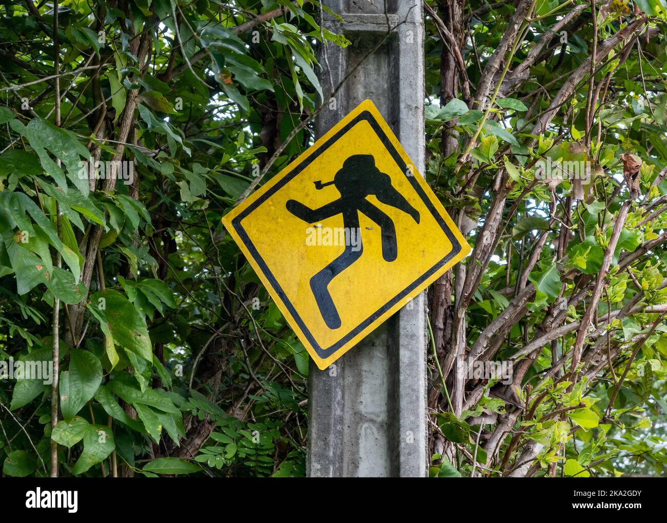 A funny sign of Saci Perere, a legendary one-legged trickster in Brazilian folklore. Boa Vista, Roraima State, Brazil. Stock Photo