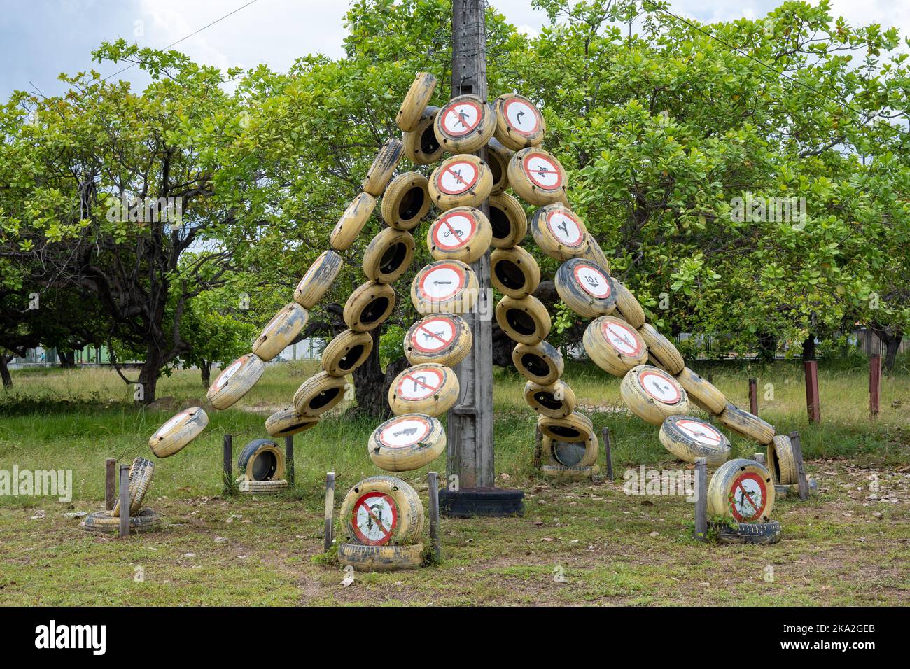 Used tires are recycled for a jungle gym in a park playground. Boa Vista, Roraima State, Brazil. Stock Photo