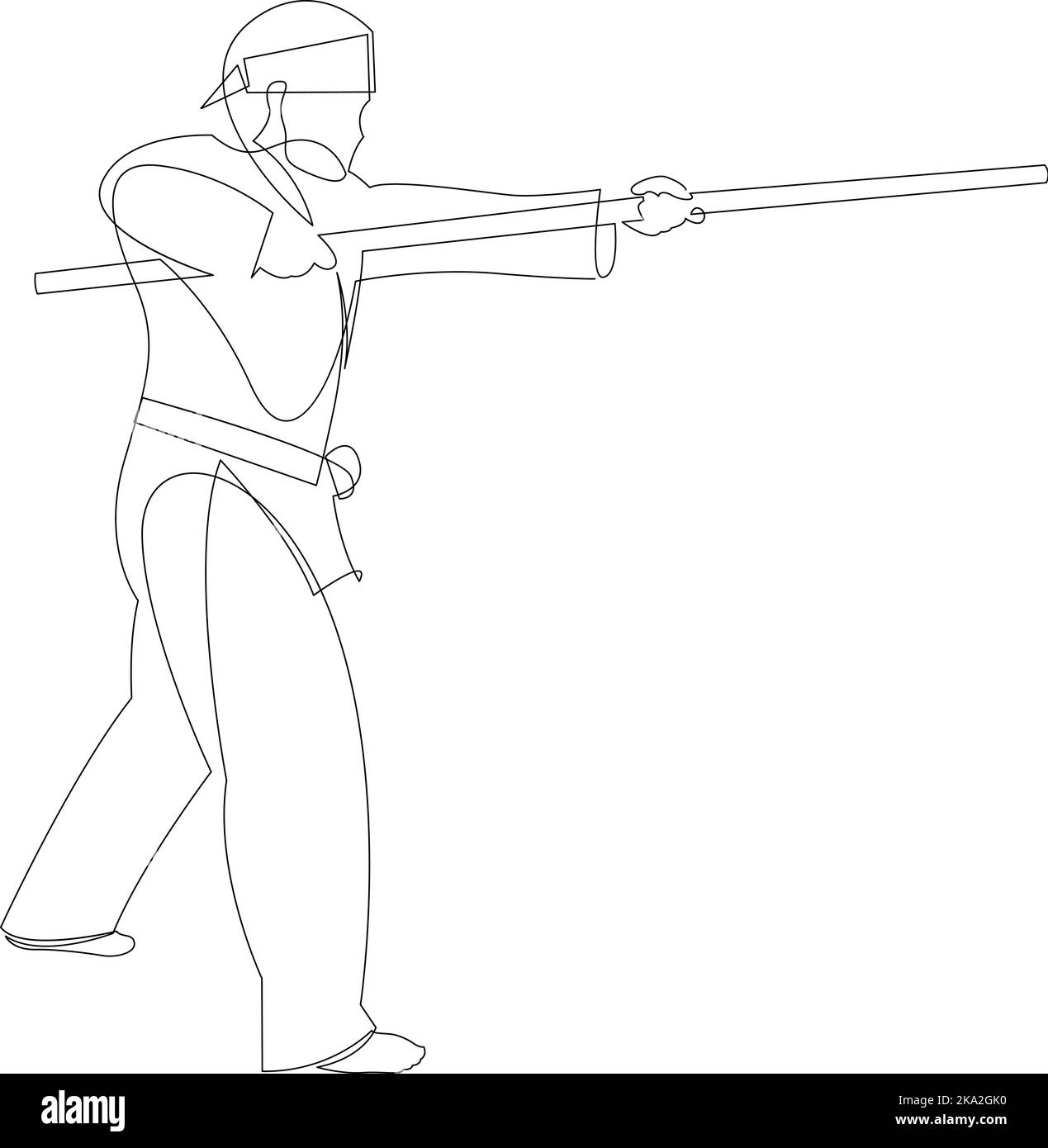 Continuous line drawing of shaolin monk man practice kung fu using long staff. Traditional Chinese combative sport concept. Vector illustration Stock Vector
