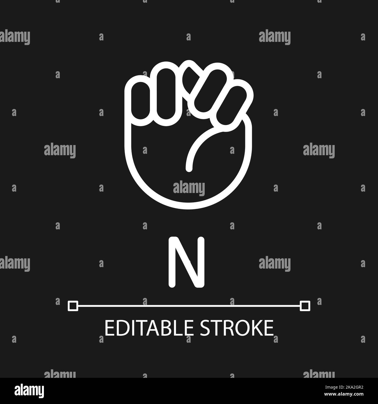 Letter N sign in ASL pixel perfect white linear icon for dark theme