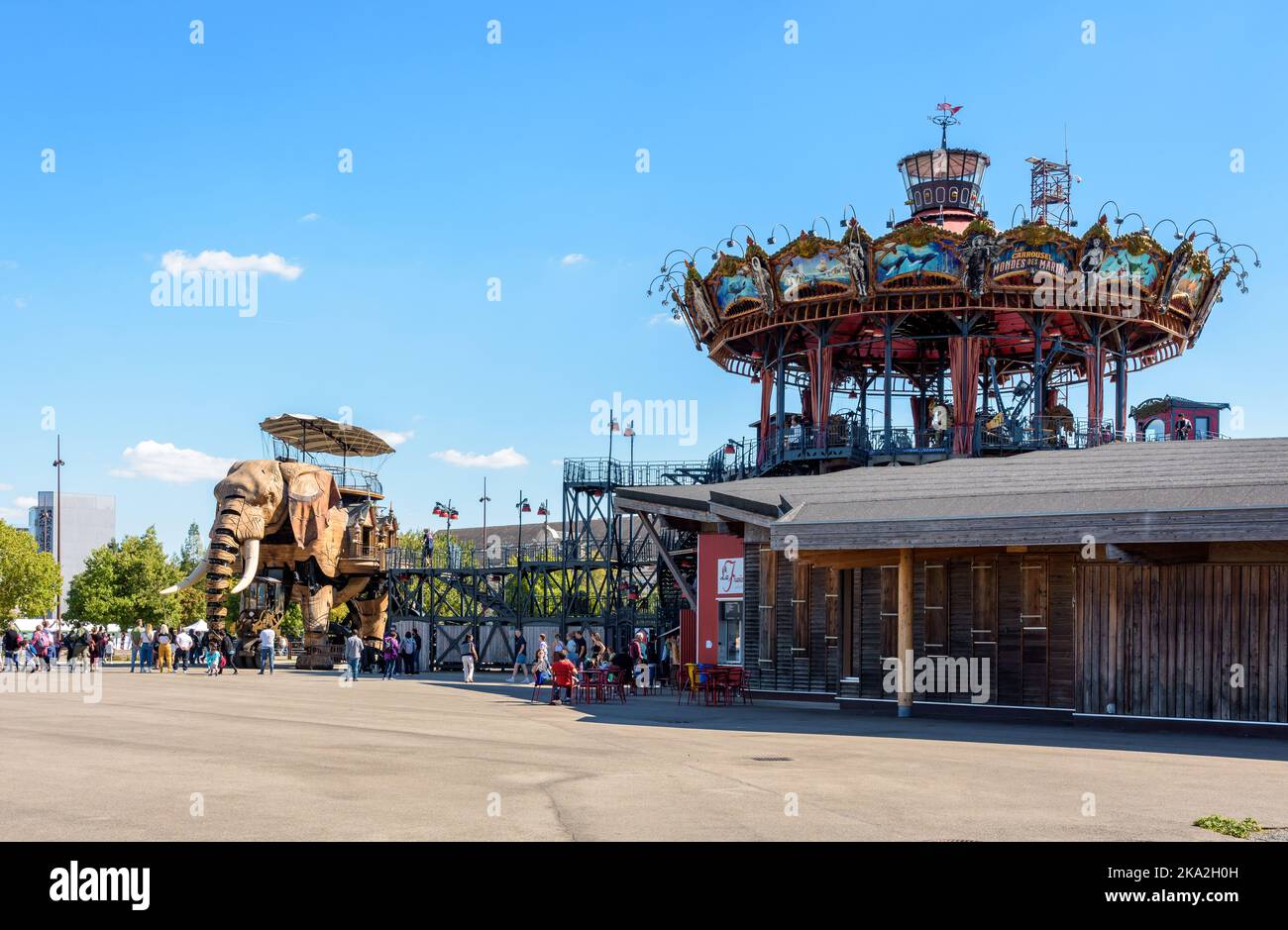 The Great Elephant giant puppet, part of the Machines of the Isle of Nantes tourist attraction, is docked at the Marine Worlds Carousel. Stock Photo