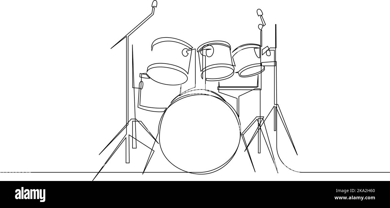 Continuous line drawing of drum instrument. Drum set minimalist line