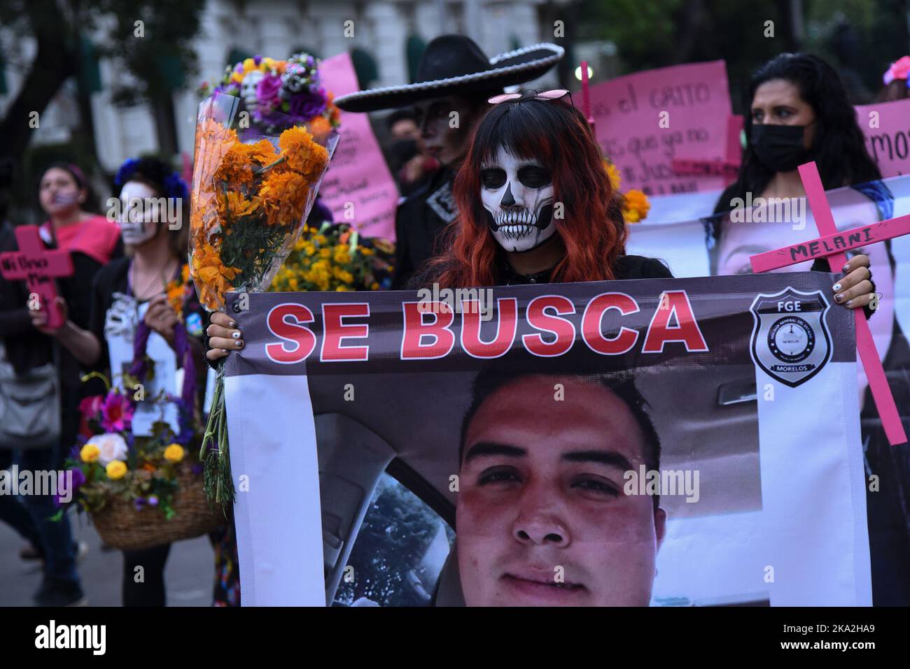 Mexico City, Mexico. 30th Oct, 2022. Women characterized as catrinas join a demonstration to demand justice for the victims of gender violence. on October 30, 2022 in Mexico City, Mexico. (Credit Image: © Marco Rodriguez/eyepix via ZUMA Press Wire) Stock Photo