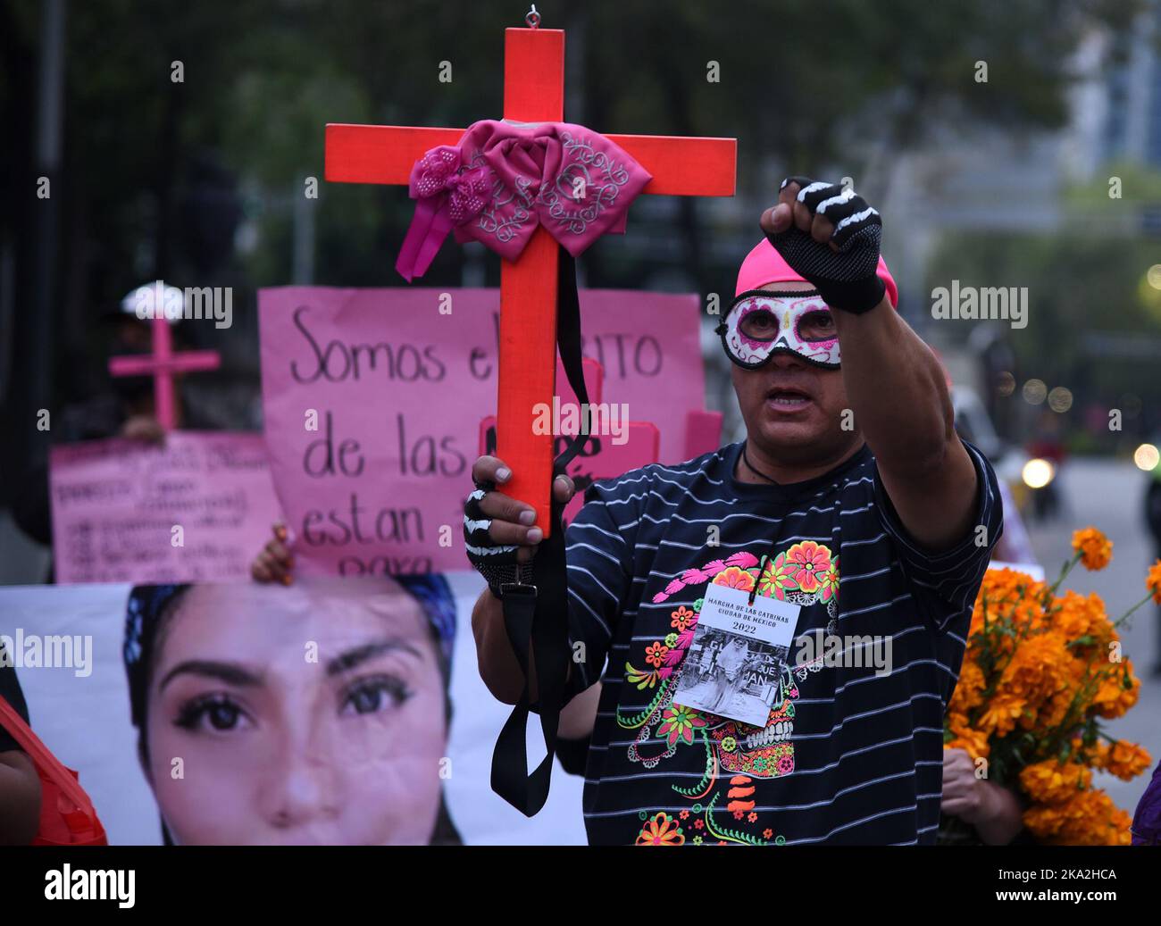Mexico City, Mexico. 30th Oct, 2022. Women characterized as catrinas join a demonstration to demand justice for the victims of gender violence. on October 30, 2022 in Mexico City, Mexico. (Credit Image: © Marco Rodriguez/eyepix via ZUMA Press Wire) Stock Photo