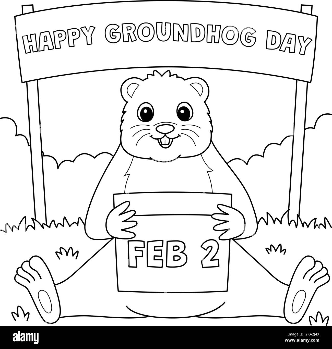 Groundhog Holding Calendar Coloring Page for Kids Stock Vector