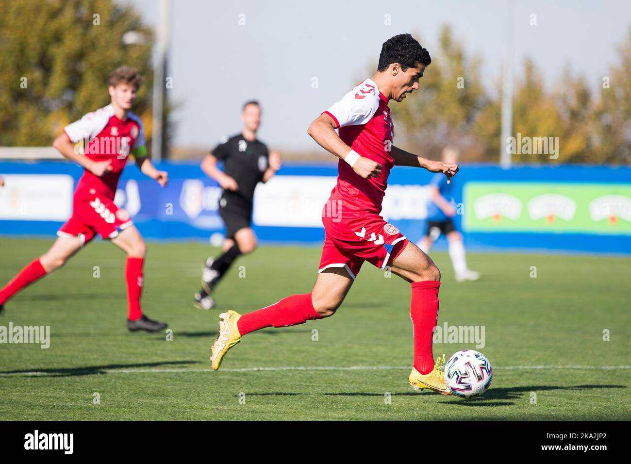 Buftea, Romania, 29th October 2022. Anders Nosche of Denmark drives to the goal during the UEFA Under-17 Men European Championship Qualifier match between Denmark and Estonia at Football Centre FRF in Buftea, Romania. October 29, 2022. Credit: Nikola Krstic/Alamy Stock Photo