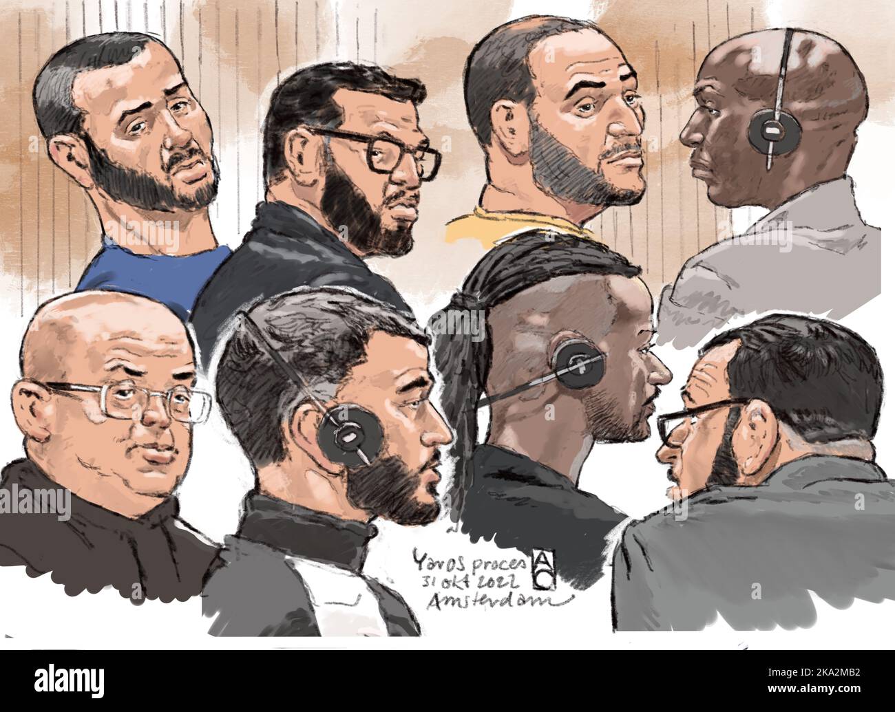 2022-10-31 10:00:00 AMSTERDAM - Court drawing of defendants El Hachmi A., Abdi el G., Nourdine H., Valon M., Sidy S., Manuel T., HB during a hearing. The eight men are suspected of an armed robbery of a valuables transport and the pursuit to Broek in Waterland that followed the robbery. ANP ALOYS OOSTERWIJK netherlands out - belgium out Stock Photo