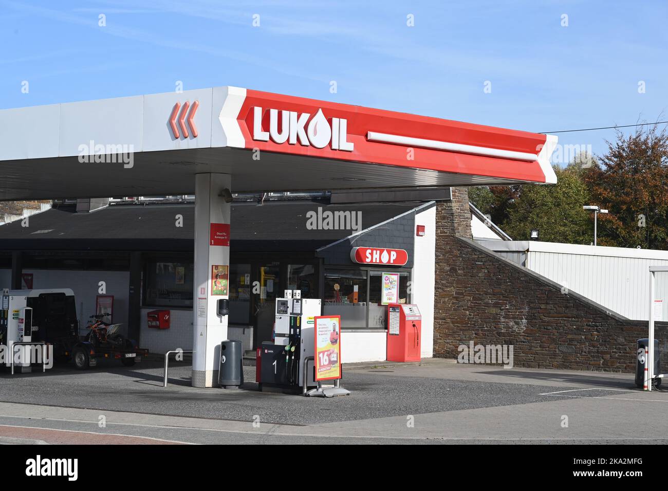 30 October 2022, Belgium, Eupen: Logo, lettering of LUKOIL, a Russian ...