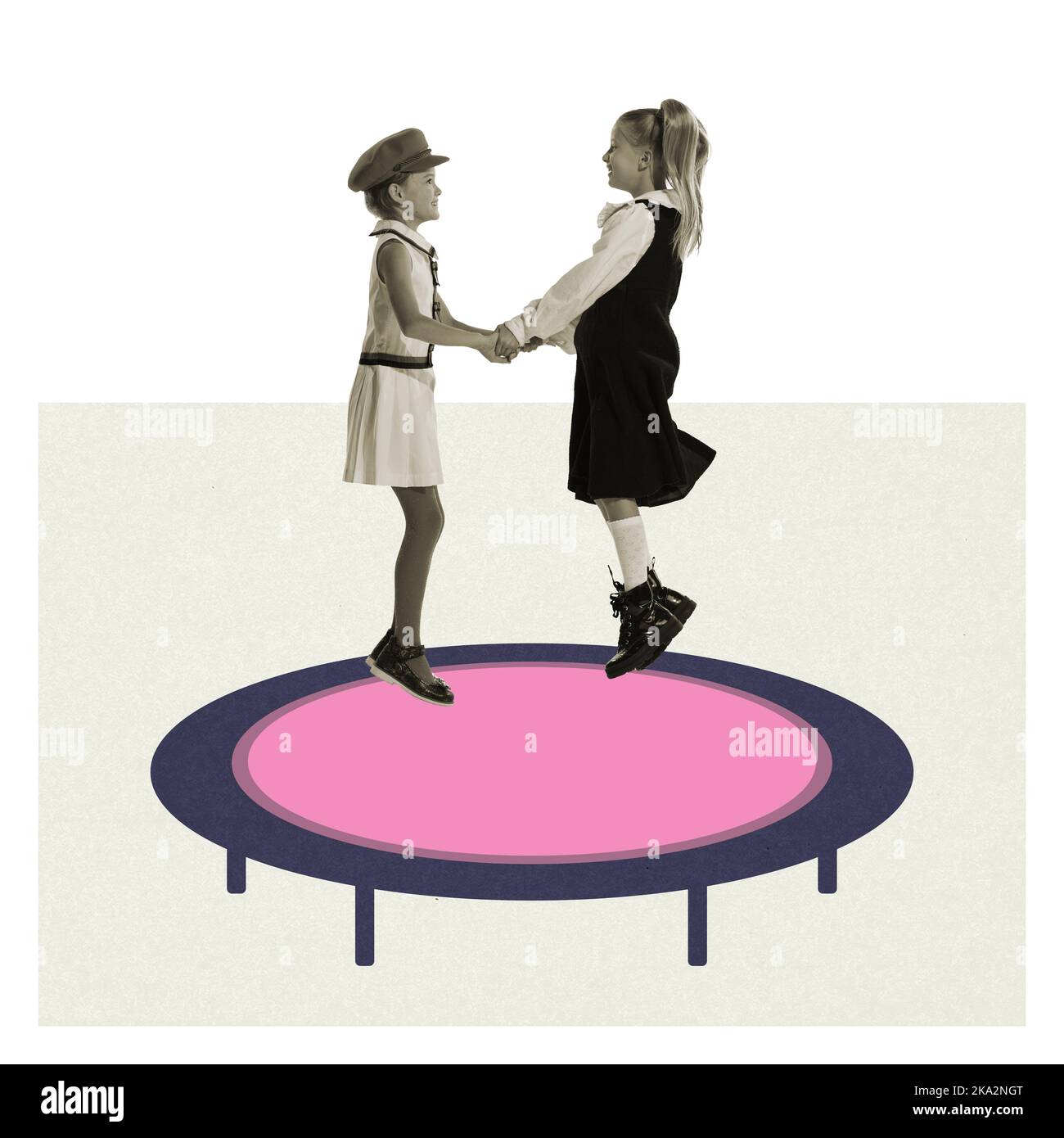 Contemporary art collage with two little girls jumping on trampoline ...