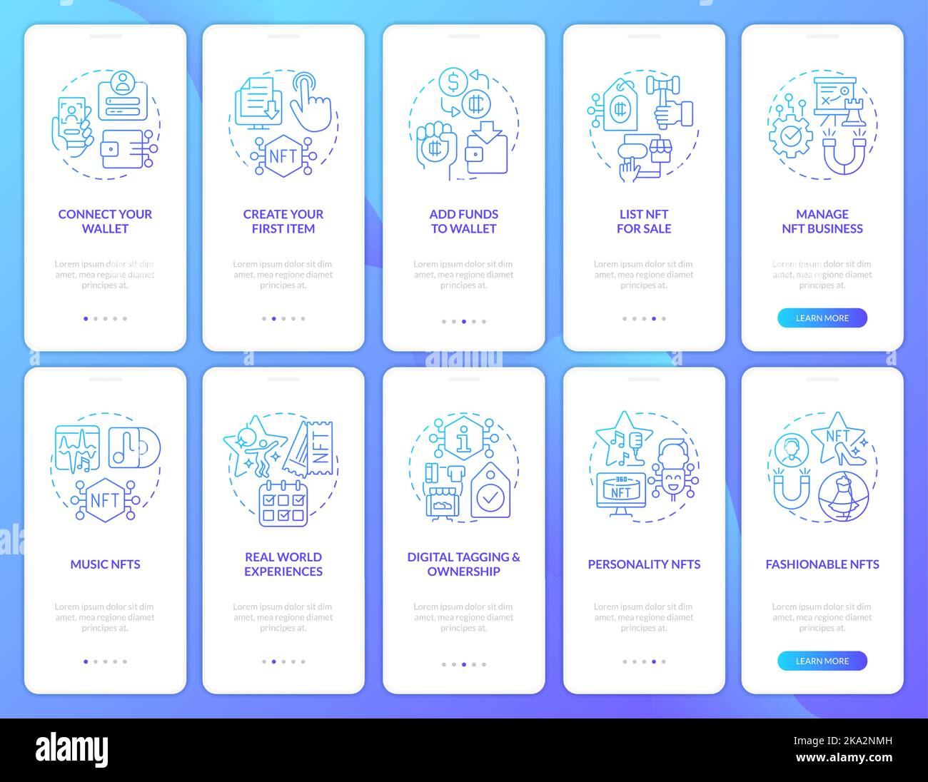 NFTs minting and trends blue gradient onboarding mobile app screen set ...