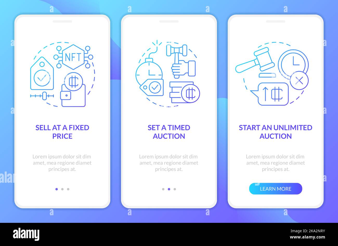 Ways of selling NFTs blue gradient onboarding mobile app screen Stock ...