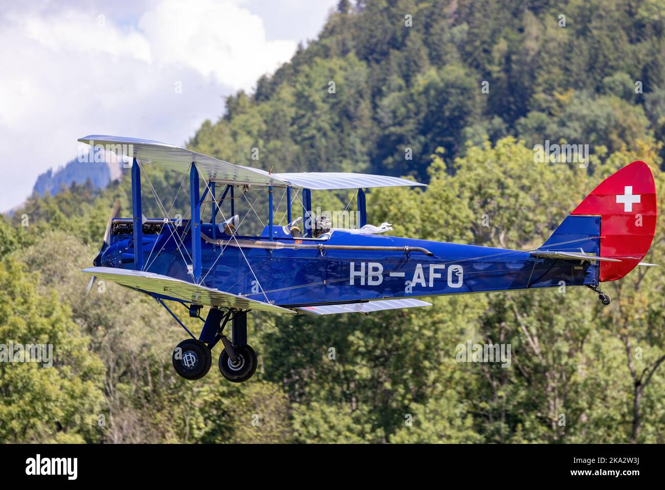 A view of the Gipsy Moth HB-AFO aircraft flying over the trees in Aerodrome Epagny Stock Photo