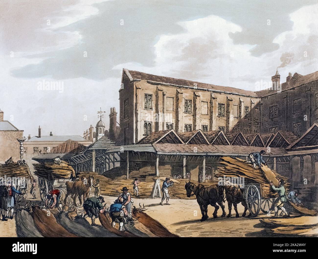 Leaden Hall Market, Circa 1808.  After a work by August Pugin and Thomas Rowlandson in the Microcosm of London, published in three volumes between 1808 and 1810 by Rudolph Ackermann.  Pugin was the artist responsible for the architectural elements in the Microcosm pictures; Thomas Rowlandson was hired to add the lively human figures. Stock Photo
