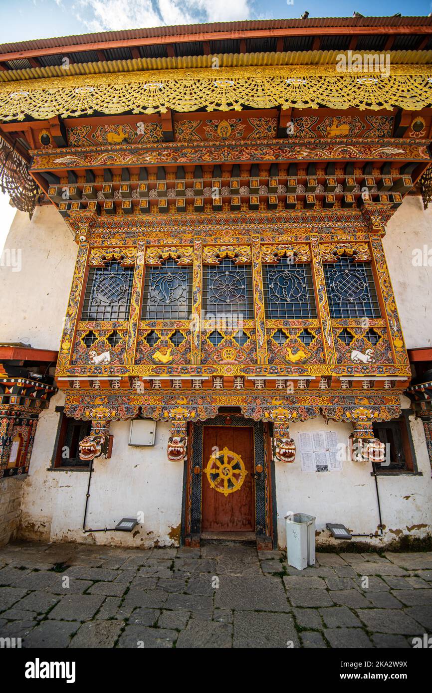 A vertical shot of a historic building facade in Phobjikha Valley, Wangdue Phodrang, Bhutan Stock Photo