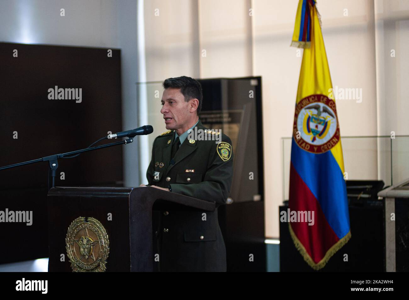Colombian police director, General Henry Sanabria speaks during a press conference in Bogota, Colombia a day after his motorcade vehicle was attacked Stock Photo