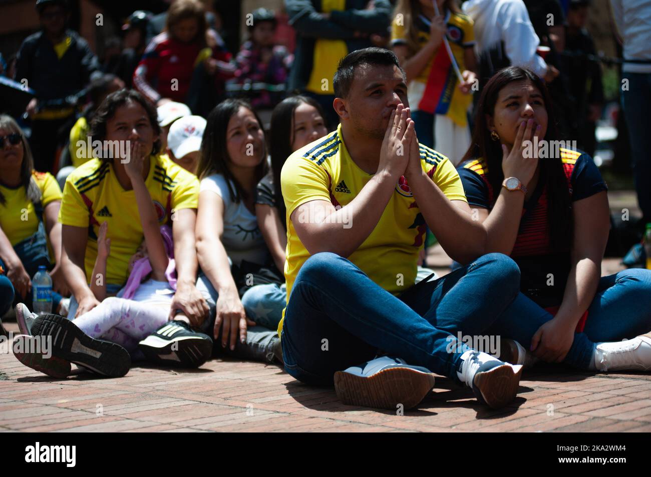 Colombian fans gather and react across Bogota, Colombia to watch the final between Colombia and Spain for the U-17 Women's World Cup, on October 30, 2 Stock Photo