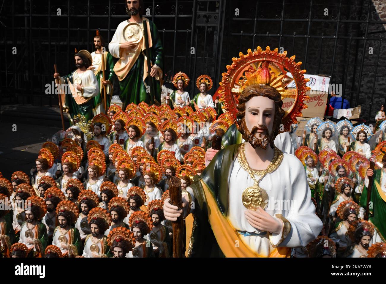 Mexico City, Mexico. 28th Oct, 2022. San Judas Tadeo or Saint Jude Thaddaeus is officially the patron saint of hopeless cases and lost causes and is revered by the poor underclass. The largest and most important shrine is at the Iglesia de San Hipólito in the center of Mexico City. Thousands of people flock to the church in the center of Mexico on October 28th is the official day, but people arrive already a day in advance. Some have to wait hours to attend mass, which are held around the clock. (Photo by Teun Voeten/Sipa USA) Credit: Sipa USA/Alamy Live News Stock Photo