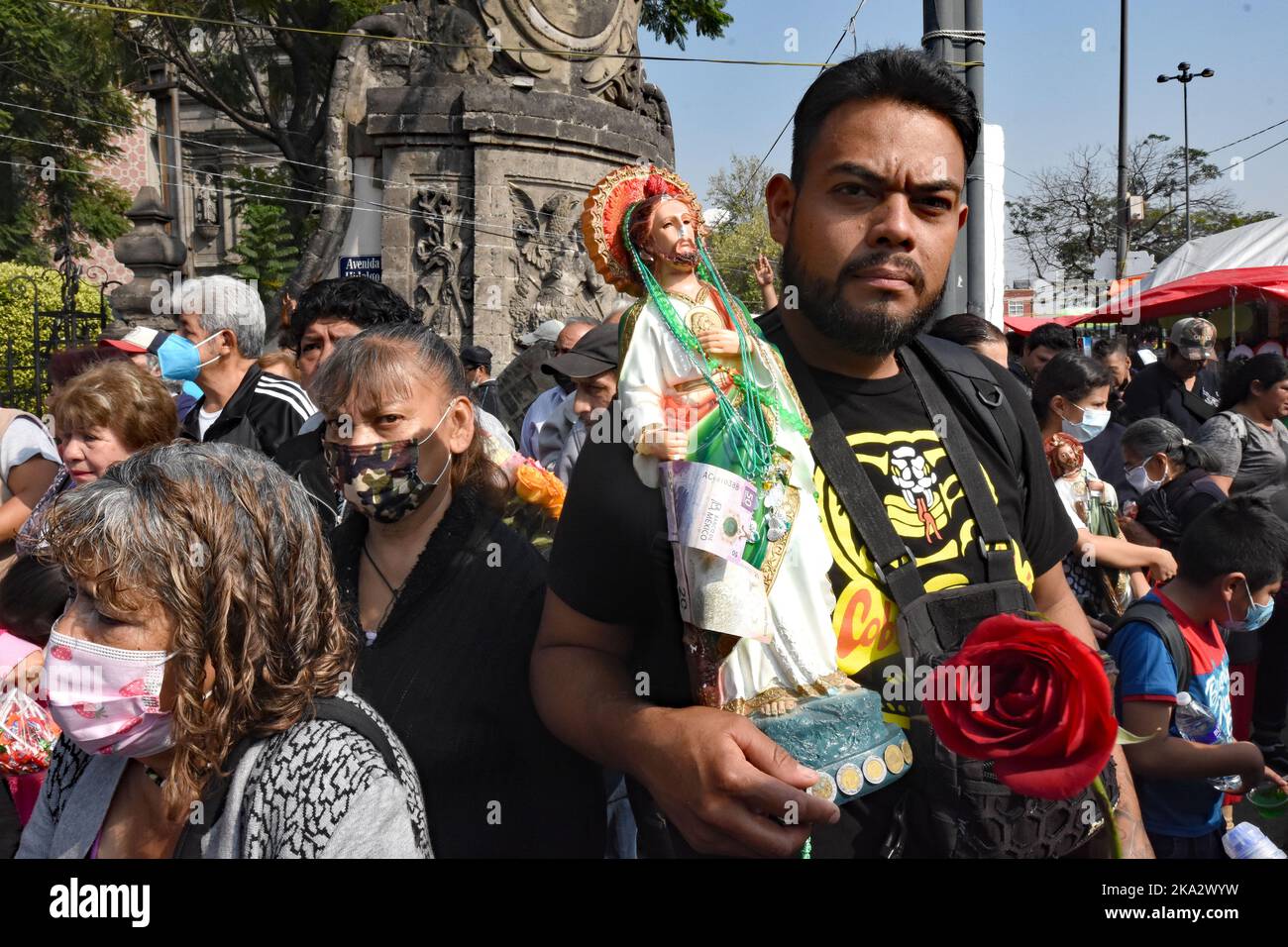 Mexico City, Mexico. 28th Oct, 2022. San Judas Tadeo or Saint Jude Thaddaeus is officially the patron saint of hopeless cases and lost causes and is revered by the poor underclass. The largest and most important shrine is at the Iglesia de San Hipólito in the center of Mexico City. Thousands of people flock to the church in the center of Mexico on October 28th is the official day, but people arrive already a day in advance. Some have to wait hours to attend mass, which are held around the clock. (Photo by Teun Voeten/Sipa USA) Credit: Sipa USA/Alamy Live News Stock Photo