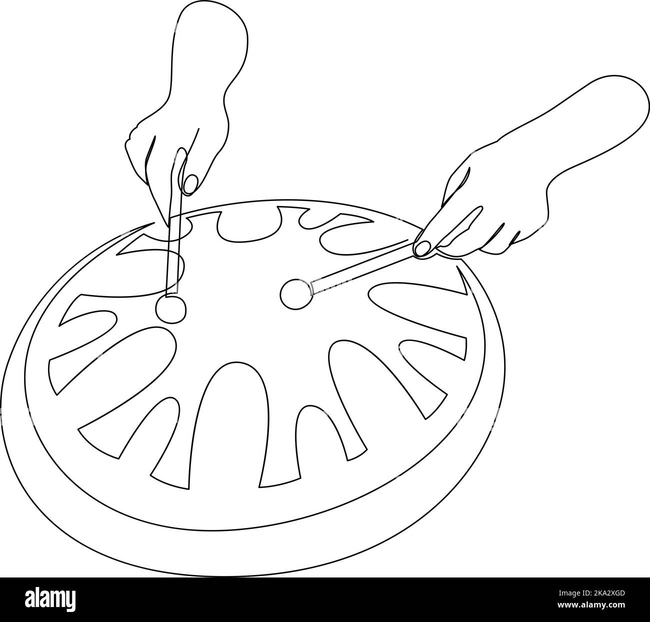 Playing the steel tongue drum with sticks. Continuous line drawing of traditional folk music instrument. Vector illustration Stock Vector