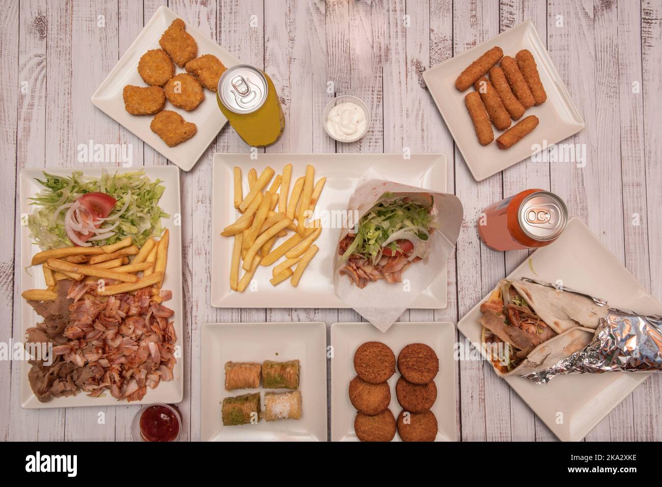 set of kebab food dishes with french fries, falafel, fried nuggets