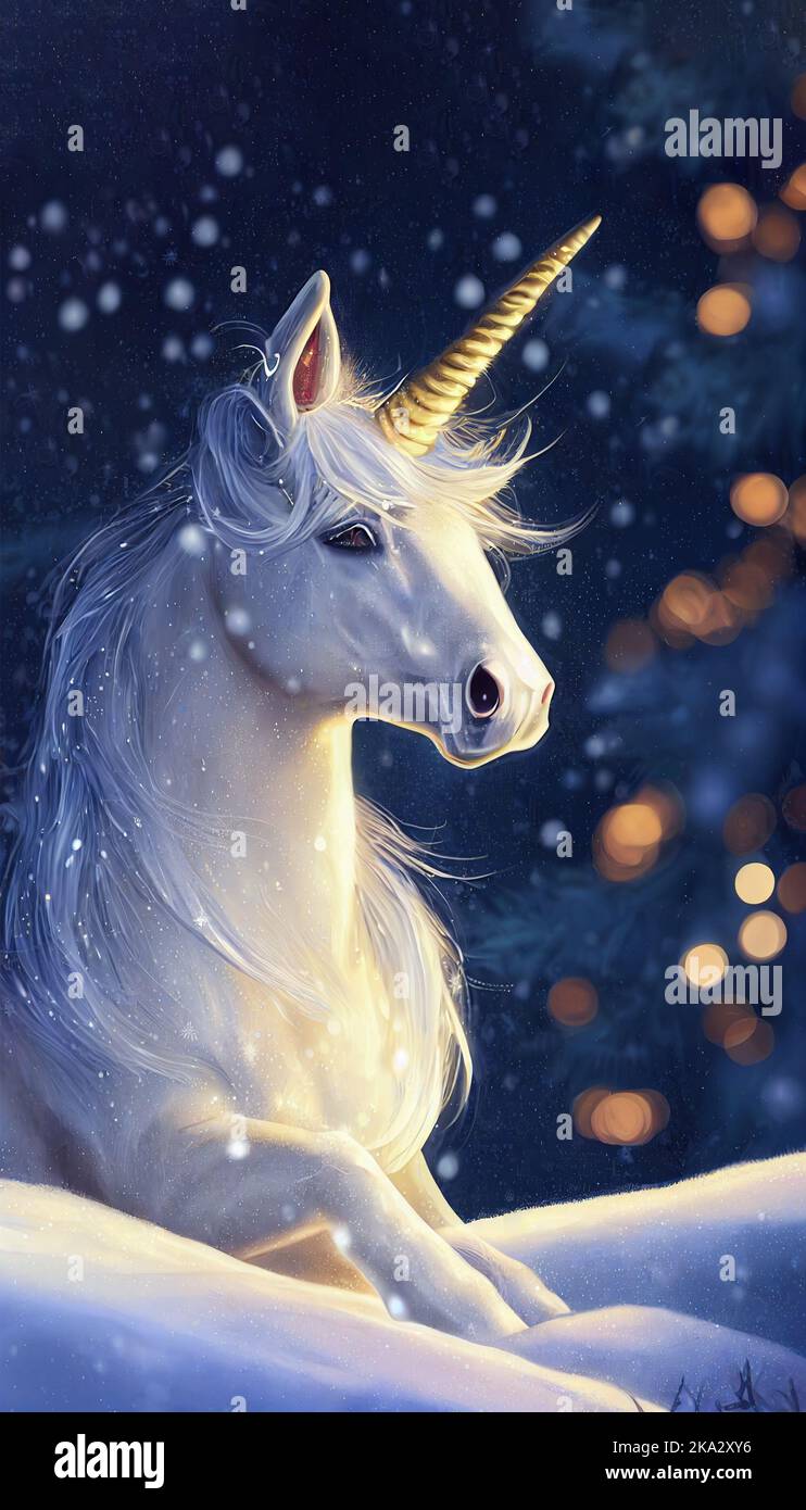 The beautiful unicorn in the snow with glowing lights in the background. Christmas concept Stock 