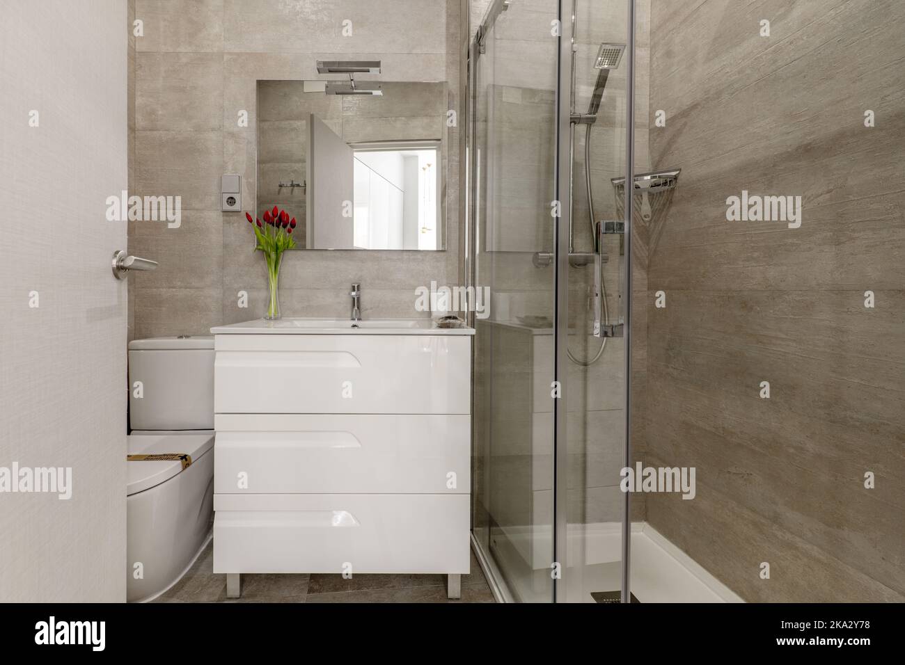 Bathroom with square mirror, white chest of drawers and glass shower stall Stock Photo