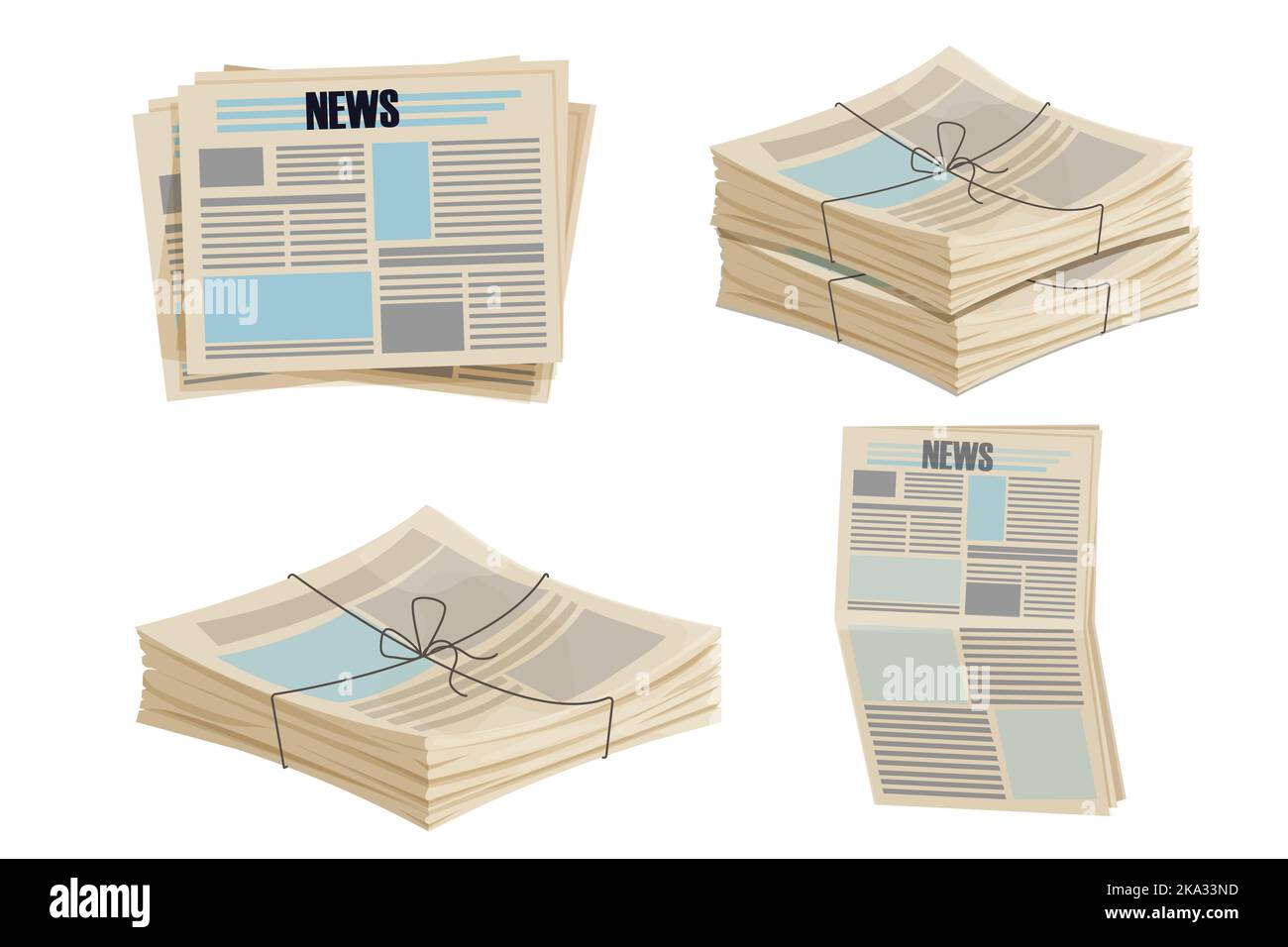 Newspaper pile, stack of magazine with rope in cartoon style isolated