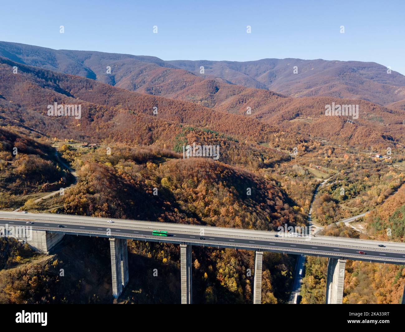 Aerial view of Bebresh Viaduct at Hemus (A2) motorway, Vitinya Pass, Sofia Region, Bulgaria Stock Photo