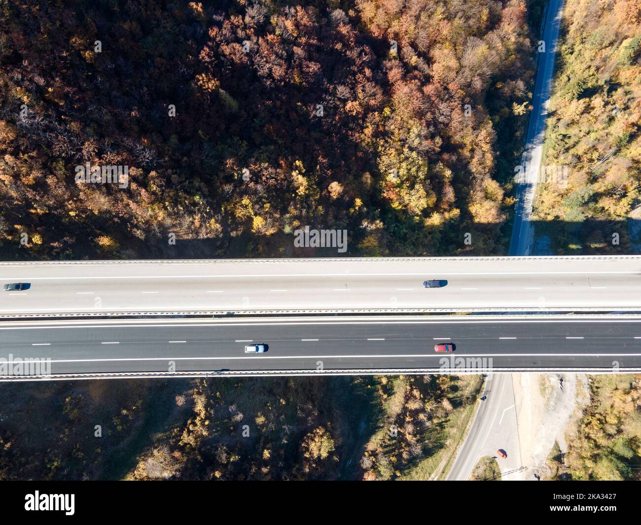 Aerial view of Bebresh Viaduct at Hemus (A2) motorway, Vitinya Pass, Sofia Region, Bulgaria Stock Photo