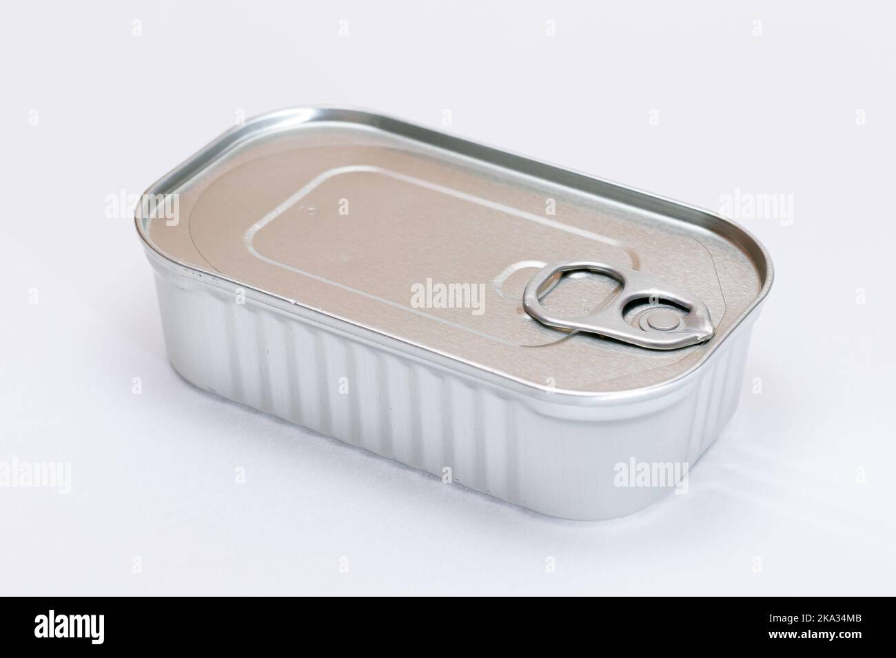Unopened Tin Can with Blank Edge on White Background. Canned Food