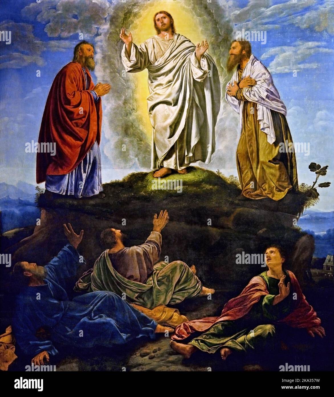 Transfiguration 1530 oil painting by Giovanni Gerolamo Savoldo Gospel episode the Transfiguration of Jesus, Florence, Italy. Stock Photo