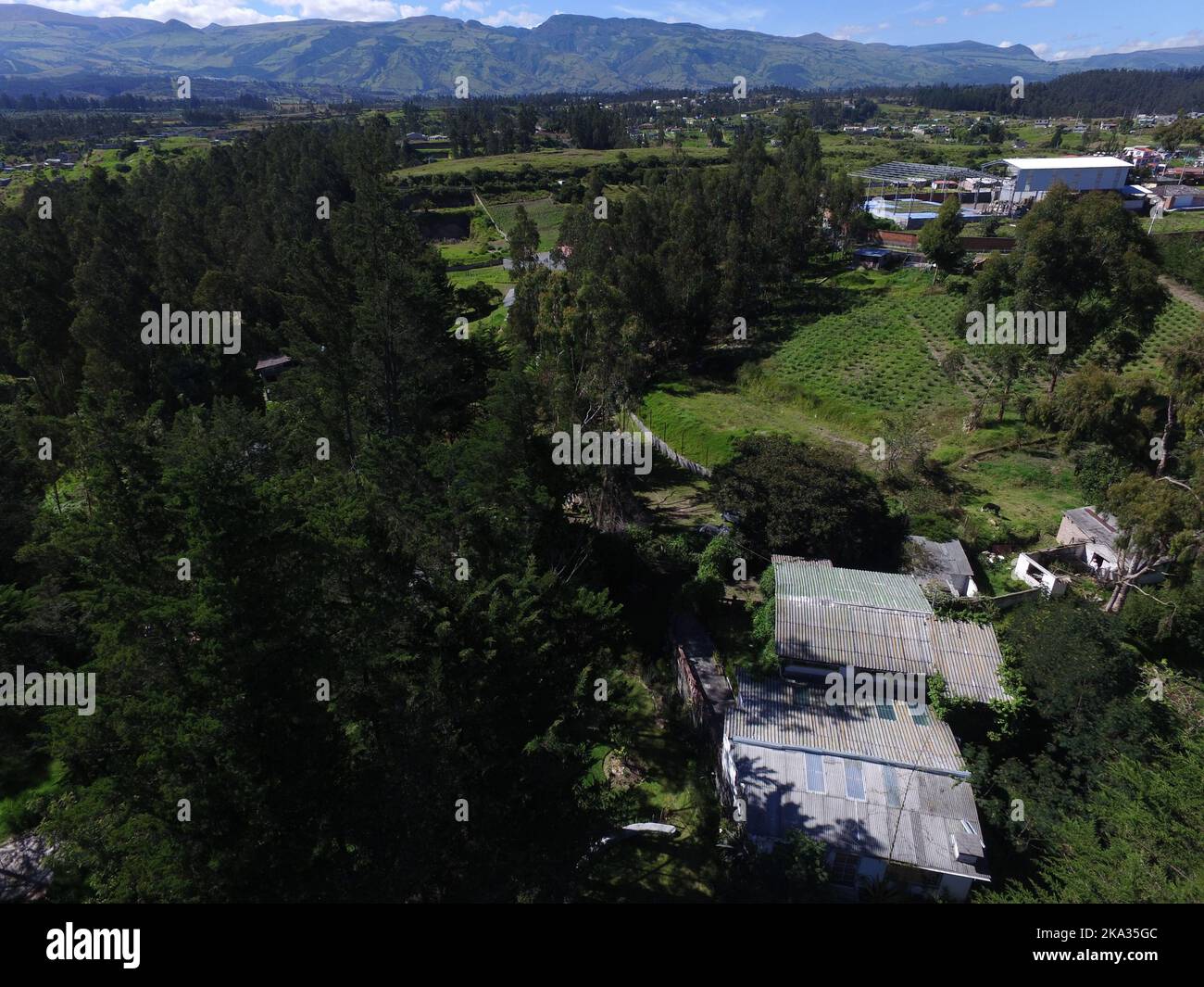 A bird's eye view of hills covered with green forests and houses in the ...